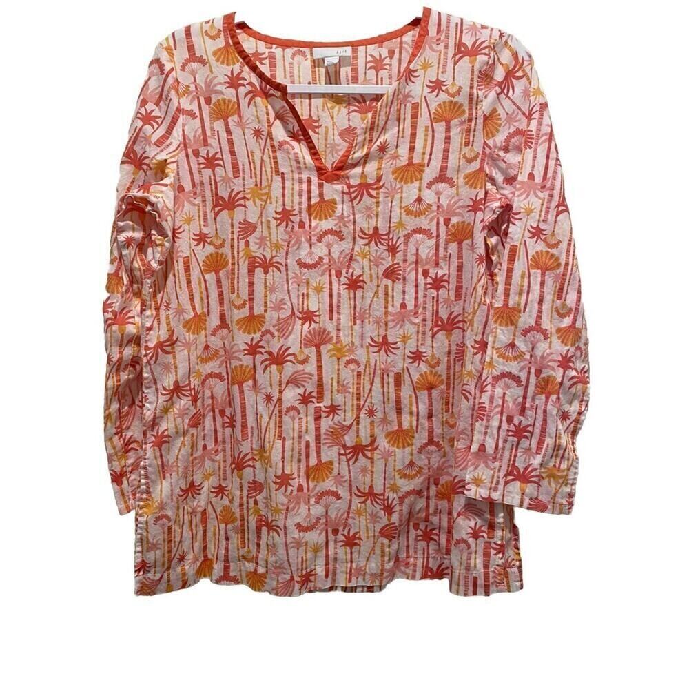 J Jill Tunic Top XS Petite Pink Orange Palm Tree Print 3/4 Sleeve 100% Cotton